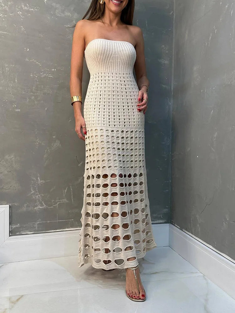 2024 Summer Hollow Out Bandeau Dress Sexy Women Bikini Cover-ups See Through Maxi Dress Lady Solid Swimsuit Beach Party Dress