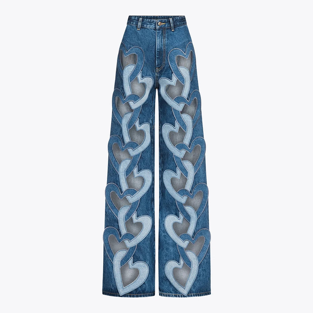 VGH Hollow Out Casual Hit Color Denim Trousers For Women High Waist Patchwork Button Streetwear Loose Straight Pants Female New