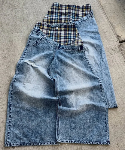 New retro striped patchwork hip hop high street women jeans Y2K fashion washed side panels men and women ripped loose jeans