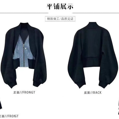 Design Sense Niche Black Denim Stitching Long-Sleeved Short Coat Women's Spring And Autumn Spice Girl Fake Two Cardigan Tops