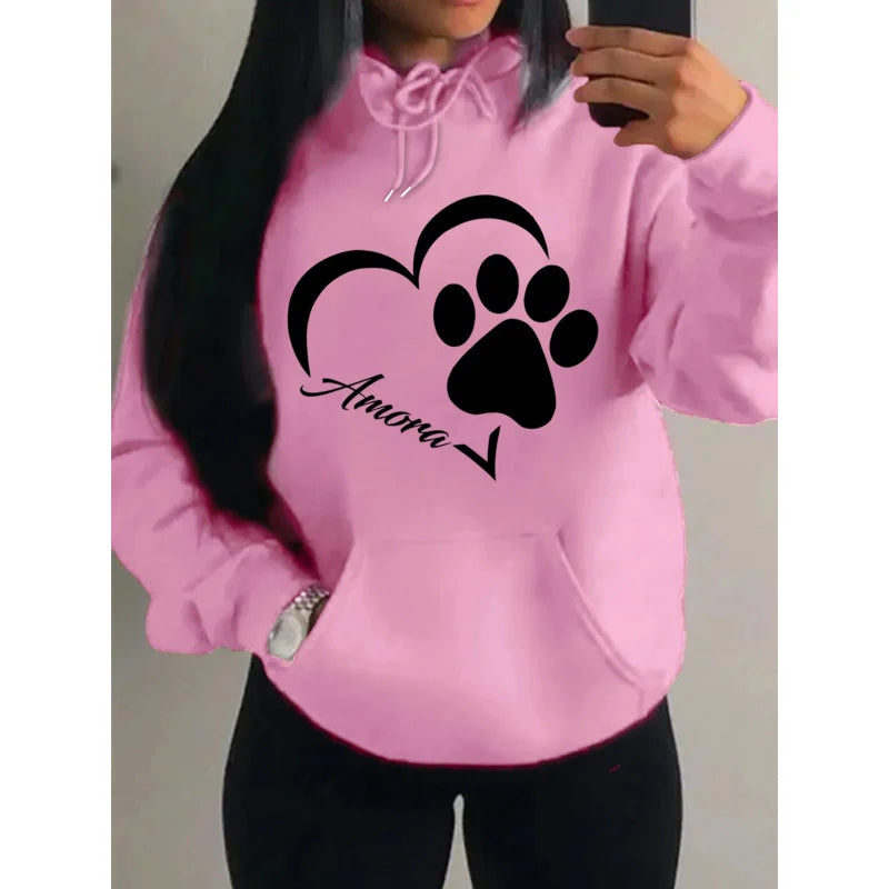 Love And Little Cat Foot Creative Print Women Hoody Fashion Autumn Sweatshirt Pocket Hoodie Sport Style Comfortable Pullover