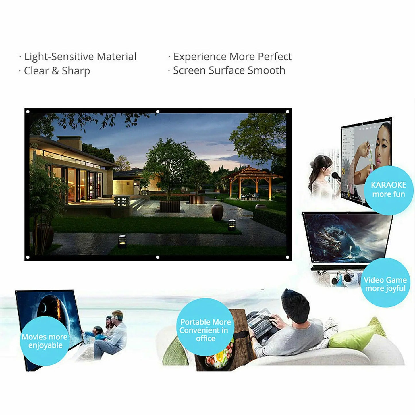 16:9 Portable Foldable Projector Screen, Wall Mount Projection Screen with Grommets, Indoor Outdoor Movie Screen