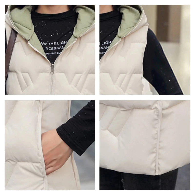 Double Side Vest Korean Slim Hooded Down Cotton Vest Women Waistcoat Sleeveless Jacket 2025 Autumn Winter Jacket Female Coat