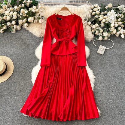 Autumn Winter Bow Dress Women Ruffles Long Sleeve Midi Vestidos Office Lady