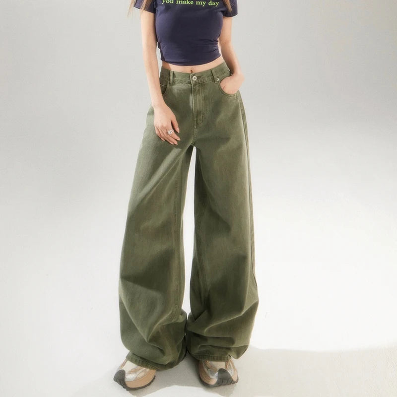 KSTUN Women's Jeans Green Wide Leg Denim Pants High Waist Straight Loose Streetwear Fashion Woman Khaki Jeans Female Baggy Pants