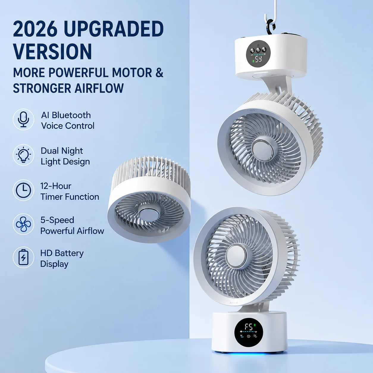 Portable Wall-Hanging Fan With Remote Control Smart Voice Rechargeable USB Household Electric Folding Fan Nightlight Air Cooler