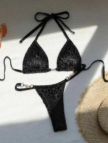 Sexy Leopard Velvet Bikini Mini Micro Thong Bikinis Women Swimwear Female Swimsuit Two-piece Bikini Set Halter Bathing Suit Swim
