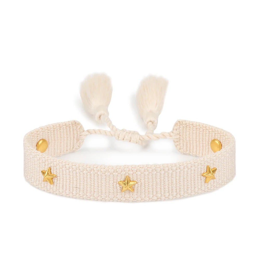 Rhinestone Embroidery Woven Bracelets Adjustable Rope Stackable Bangle For Women