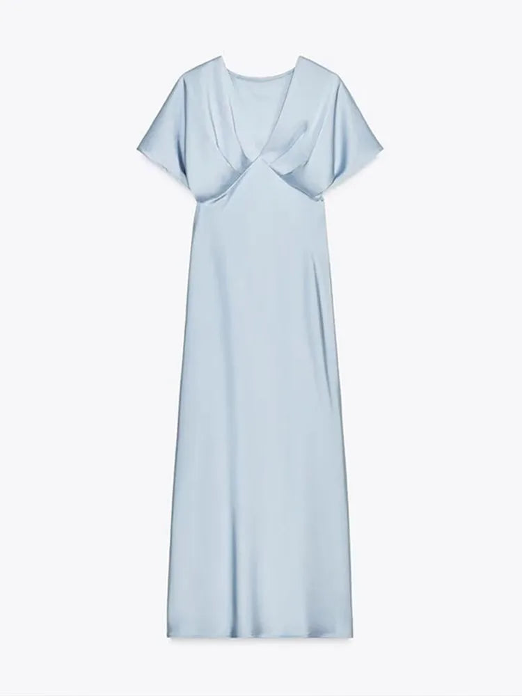 Elegant Satin Solid Long Dress Women V-neck Short Sleeve Pleated Slim High Waist Dresses 2025 Summer Lady Party Evening Robes
