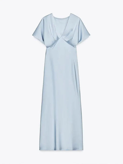 Elegant Satin Solid Long Dress Women V-neck Short Sleeve Pleated Slim High Waist Dresses 2025 Summer Lady Party Evening Robes