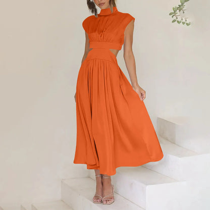 Women's Solid Color Basic Fashion High Waist Hollow Out Sexy Casual Streetwear High Neck Sleeveless Pocket Open Waist Maxi Dress