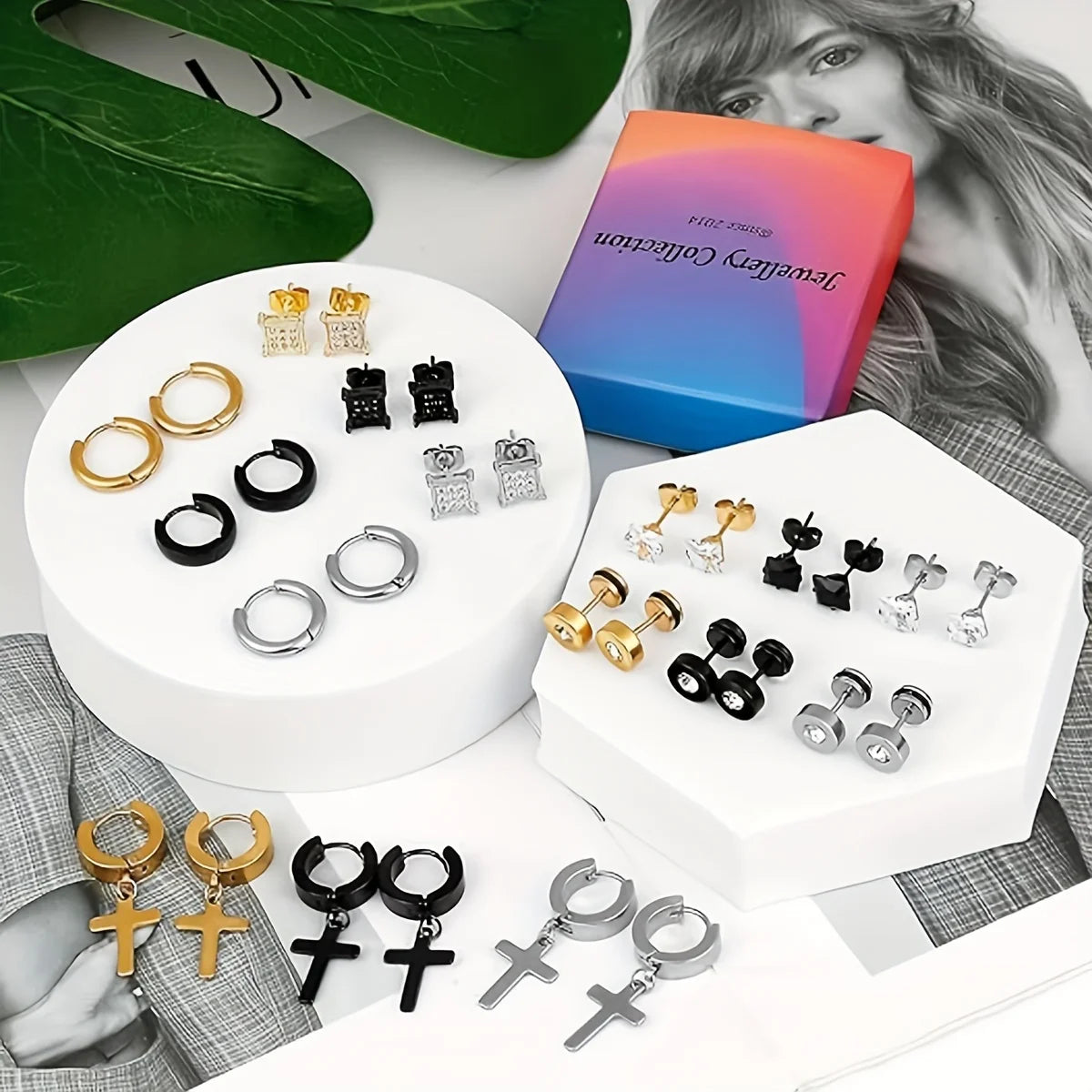 21 pairs of men's stainless steel earrings, circular CZ earrings, hypoallergenic earrings, unisex perforated earrings