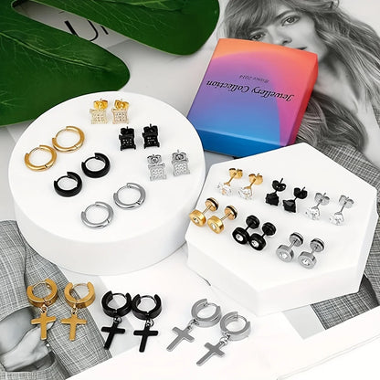 21 pairs of men's stainless steel earrings, circular CZ earrings, hypoallergenic earrings, unisex perforated earrings