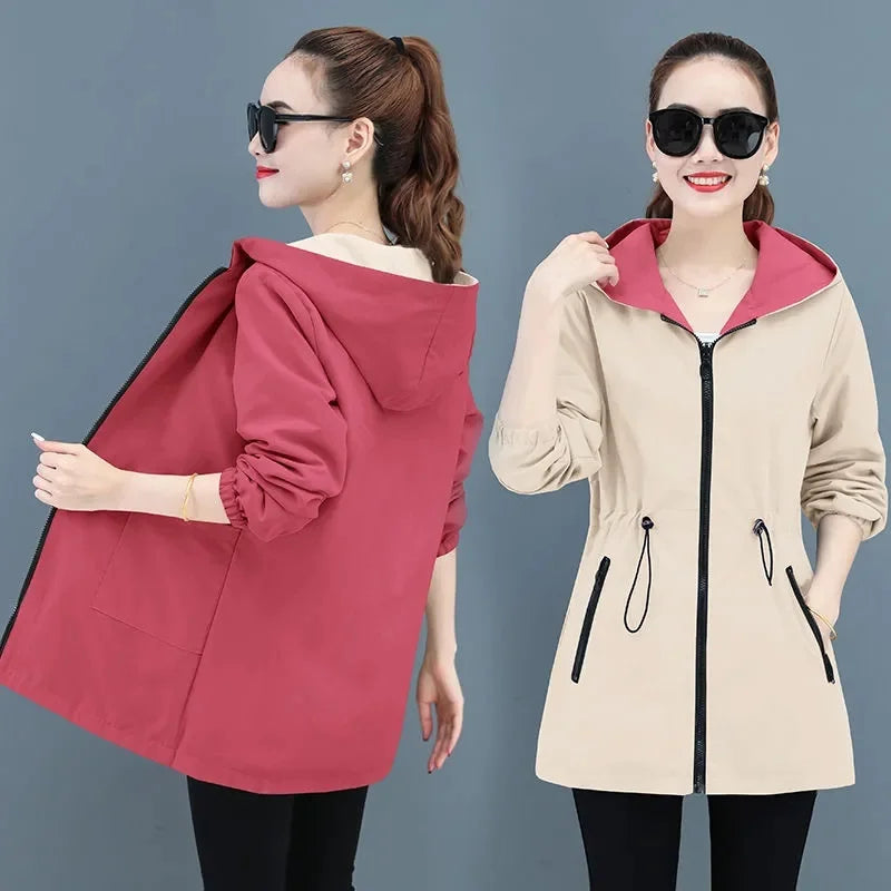 2024 New Autumn Women's Jacket Double-sided Windbreaker Female Long Sleeve Jackets Hooded Casual Basic Coat Loose Outerwear 4XL
