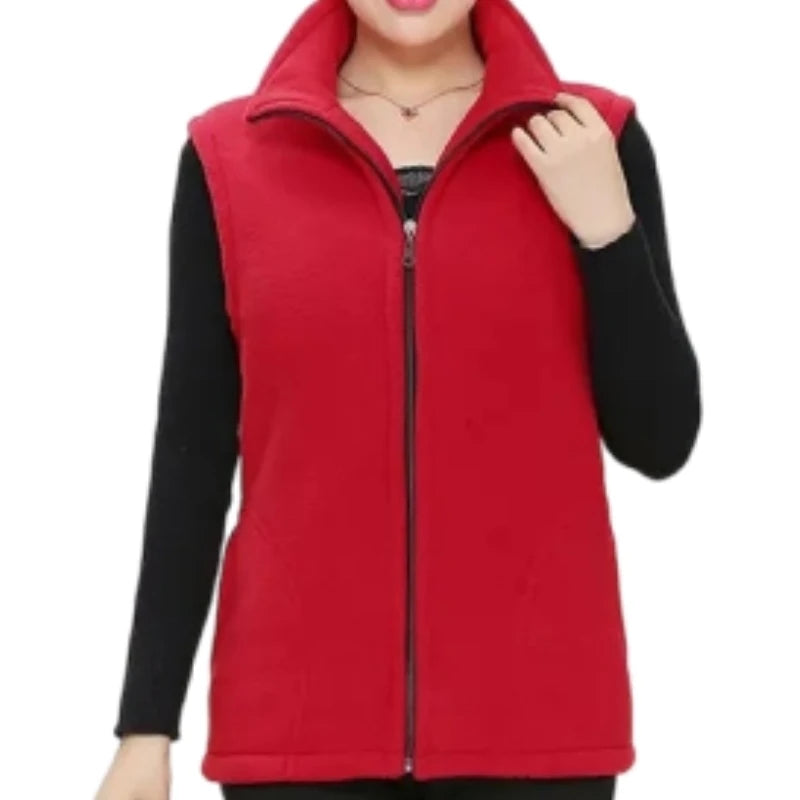 Autumn Winter Women Fashion Stand Up Polar Fleece Vest For Women's Solid Warm Lady Sleeveless Jacket