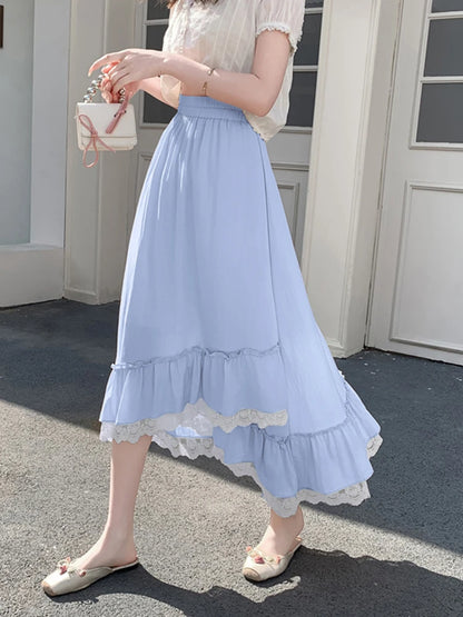 Zoki Korean Pink Long Skirt Women Sweet Vintage High Waist Preppy Style Skirt Casual Loose Lace Patchwork Irregular Long Skirts