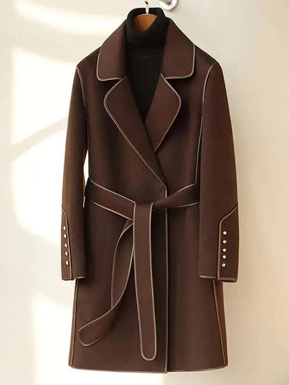 LANMREM 2023 Winter New Wool Coats For Women Lapel Long Sleeves Belt Coats Office Lady Fashion Streetwear Clothing 2DA2615