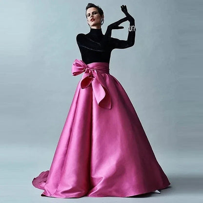 High Quality Puffy Satin Maxi Skirt with Bow Women Floor Length Long Formal Skirt Fuchsia Silk Taffeta Evening Party Skirts