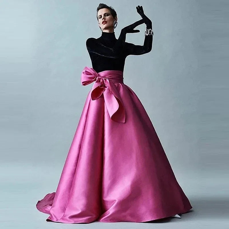 High Quality Puffy Satin Maxi Skirt with Bow Women Floor Length Long Formal Skirt Fuchsia Silk Taffeta Evening Party Skirts