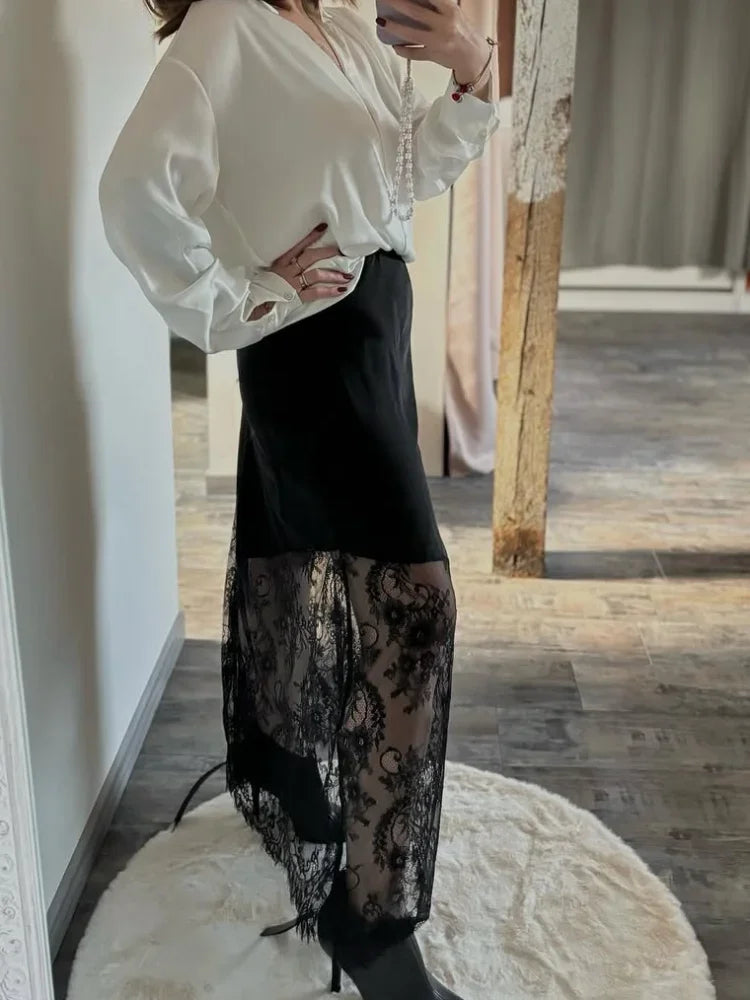Patchwork Lace Maxi Skirt Women Chic Solid Waist Cinching Hollow Out Long Loose Bottoms Lady Party Daily Street Outerwear New