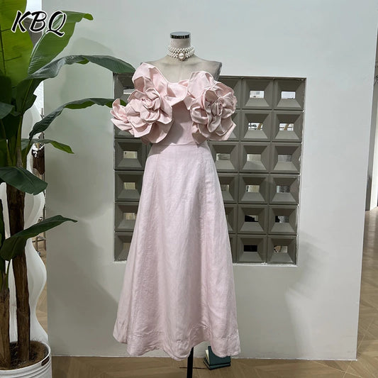 KBQ Spliced Appliques Tunic A Line Dresses for Women Slash Neck Off The Shoulder Sleeve Backless High Waist Sweet Dress Female