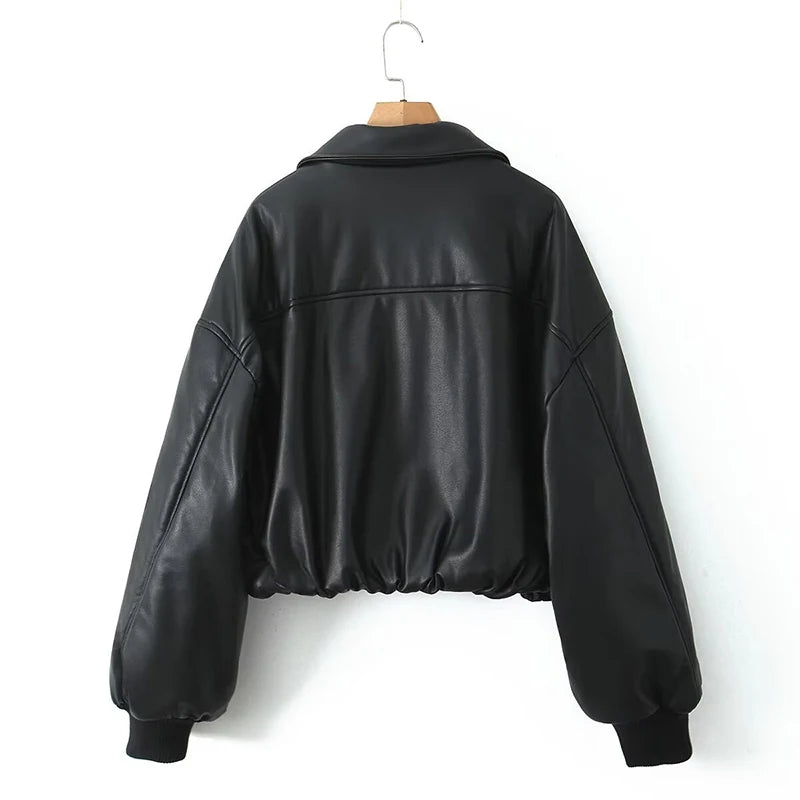 YENKYE Women Black Coffee Faux Leather Jacket Coat Long Sleeve Zipper Motorcycle Outerwear Female Autumn Winter Warm Coat Short