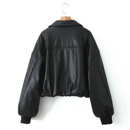 YENKYE Women Black Coffee Faux Leather Jacket Coat Long Sleeve Zipper Motorcycle Outerwear Female Autumn Winter Warm Coat Short