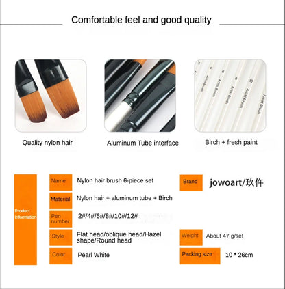 Two-tone Nylon Hair Brush Pearl White Wood Pole for Oil Paint for Hair Watercolor Brush for Beginners 6 Pcs/set Art Paint Brush