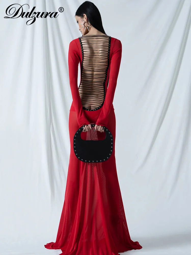 Dulzura 2023 Summer Solid See Through Maxi Backless Back Straps Dress Long Sleeve Edible Tree Fungus Party Birthday Y2K
