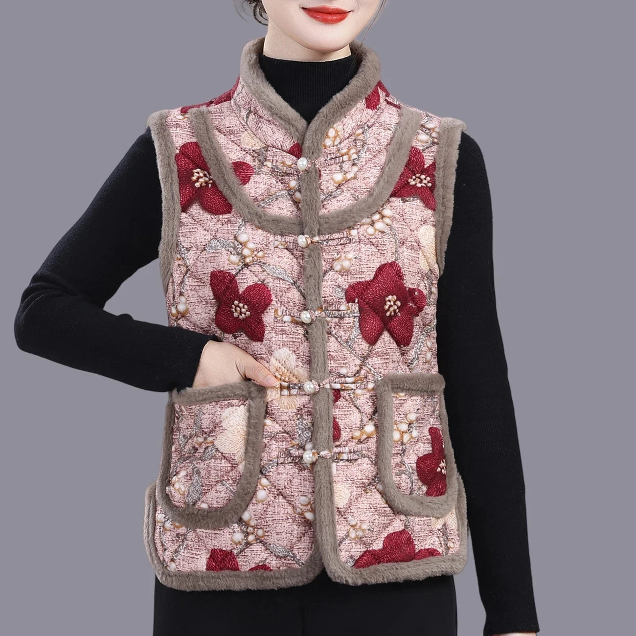 5XL Middle-aged Mother Vest Autumn Winter New Printed Fleece Vest Coat Female Sleeveless Jacket Grandma Thicken Warm Waistcoat