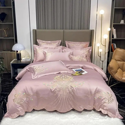 4/6Pcs White Gray Sateen Gold Embroidery Luxury Satin Cotton Bedding set Double Queen King Comforter Cover Bed Sheet Pillowcases