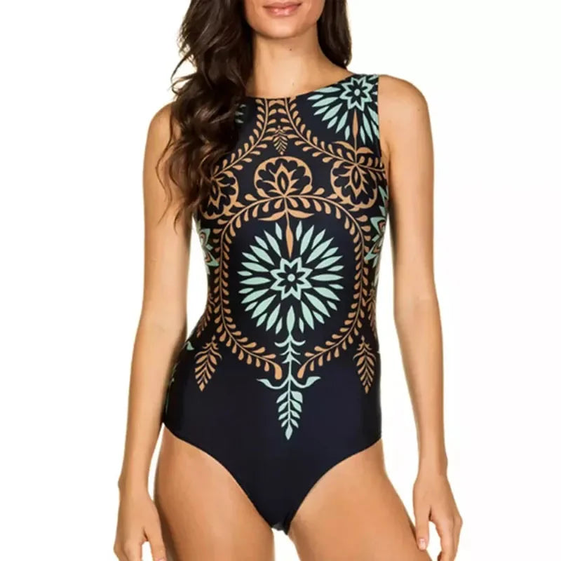 Bohemian Style High Neck One-piece Swimsuit New Women's Swimming Costume Beachwear Summer Outdoor Sports Fitness One-piece