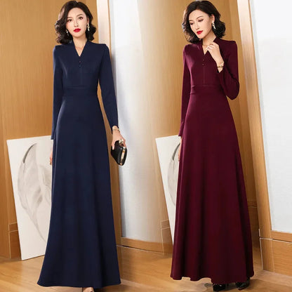 New Spring Autumn Dress Fashion Loose Long Sleeve A-line Dress Women Long Dresses Middle Aged Mother Fashion Dress