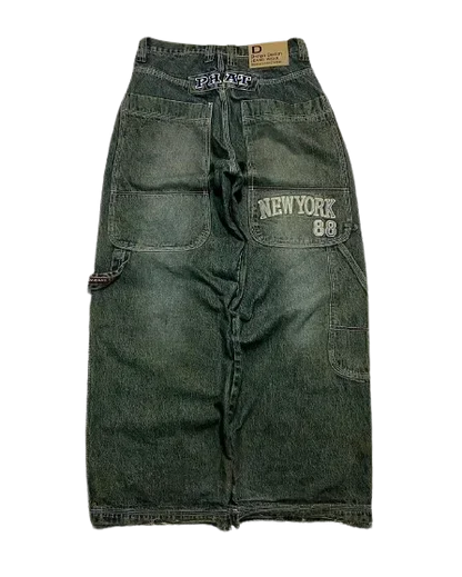 Y2K Gothic Retro Miss Me Boot Cut Jeans Women's Blue Denim Embroidery Cross Pocket Hip Hop Harajuku Wide Pants Street Wear