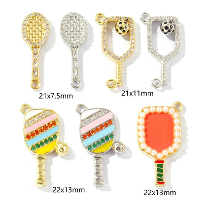 2 Pcs Brass Sport Charms Multicolor Racket Pickleball Paddle Badminton Racket Cubic Zirconia Pendants For DIY Necklace Making