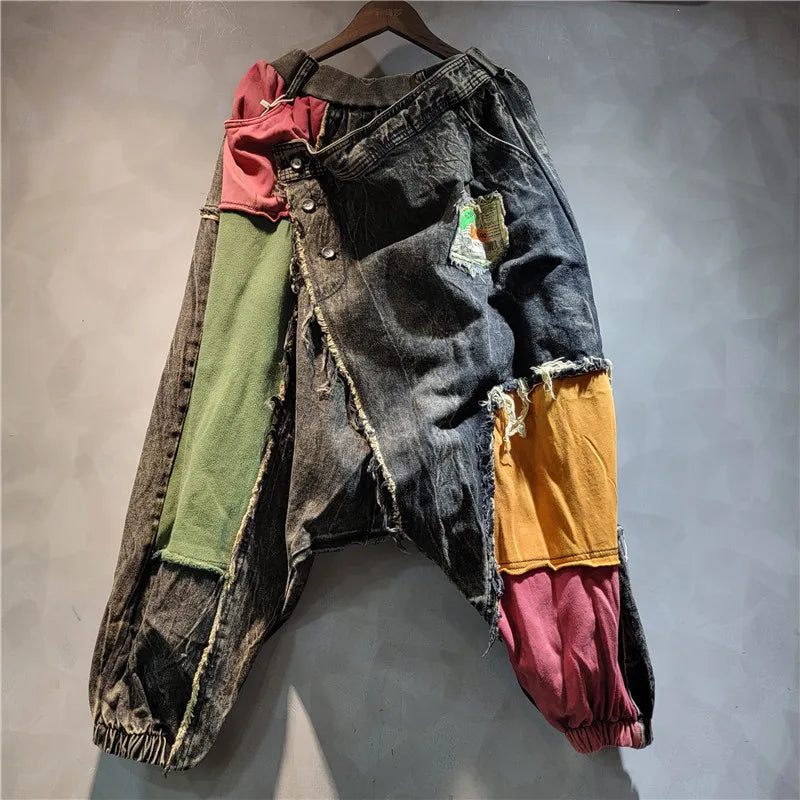 YEAE personalized crotch pants women's 2024 autumn new asymmetrical color matching loose large size jeans