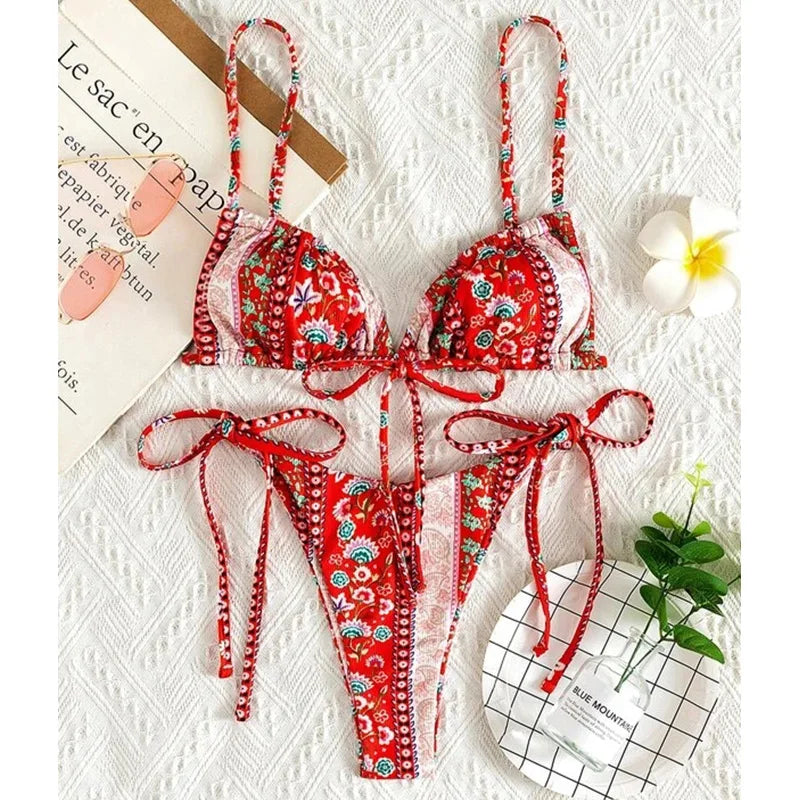 BIQIUYYI New Floral Print String Bandage Bikinis Triangle Cup Push Up Swimsuit Women Bathing Suit Beachwear Halter Swimwear XS
