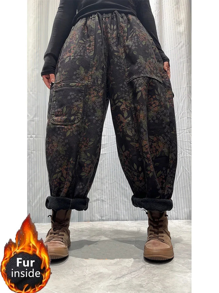 Amax LuluE Winter Casual Vintage Floral Jeans Womens Fashion Fur Denim Pants Ladies Classic Printed Warm Thicken Harem Trousers