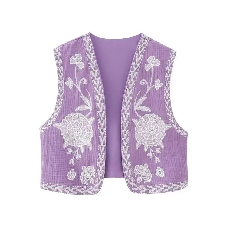 Women's Vintage Floral Embroidered Open Waist Coat Casual Vacation Crop Top National Style Vest Jacket for Ladies