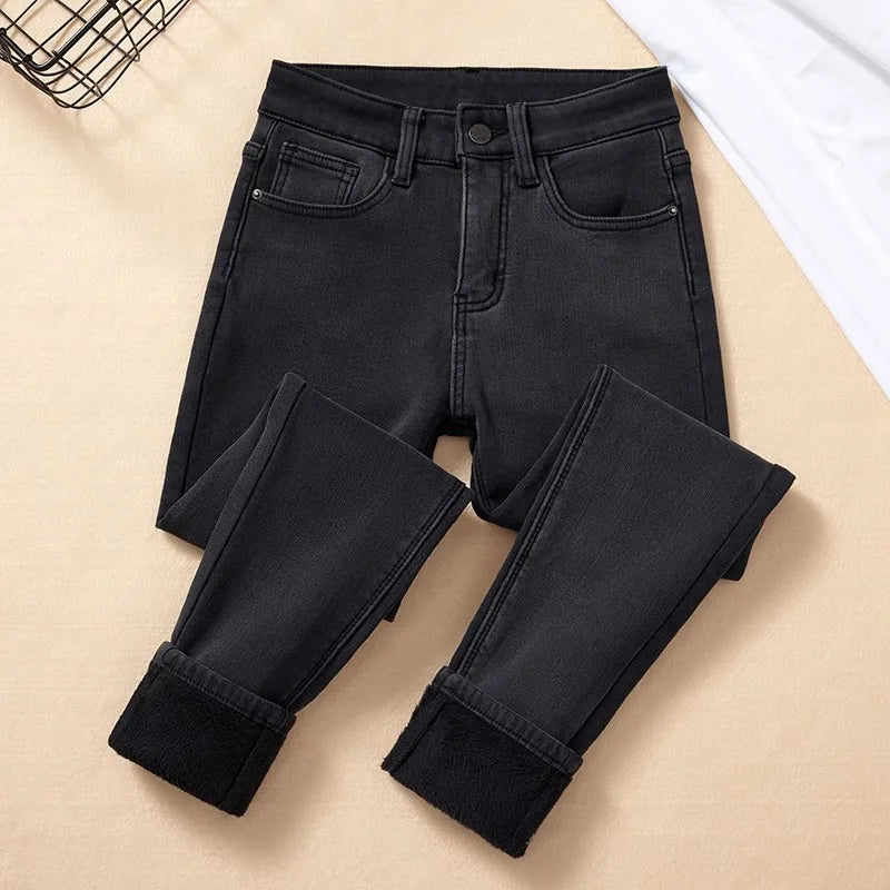 Thiened Fce High Waist Women's Jeans Elastic Stretchy Long Pants Winter Wear High Waist Cotton Stretch Denim Trousers