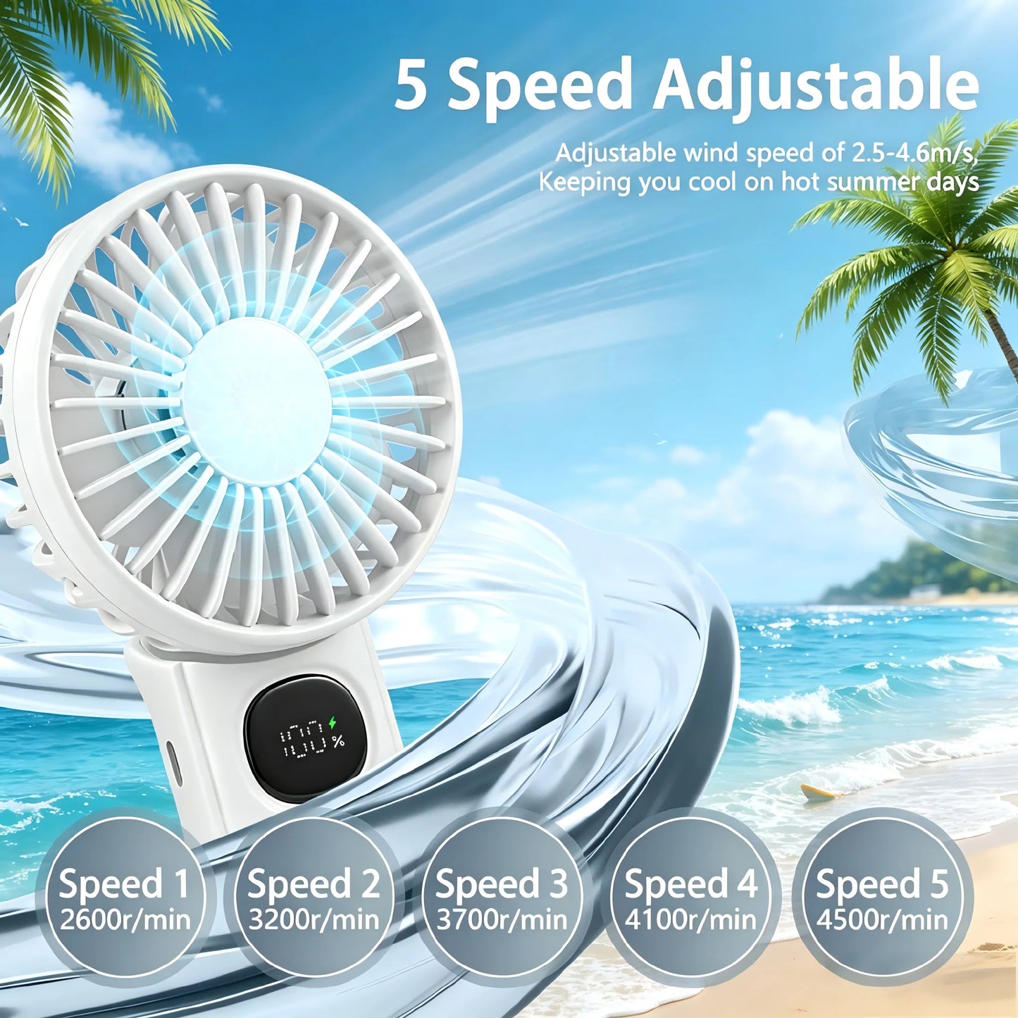 Portable Handheld Fan with Digital Battery Display, Foldable & Neck Hanging Design, 5 Adjustable Wind Speeds