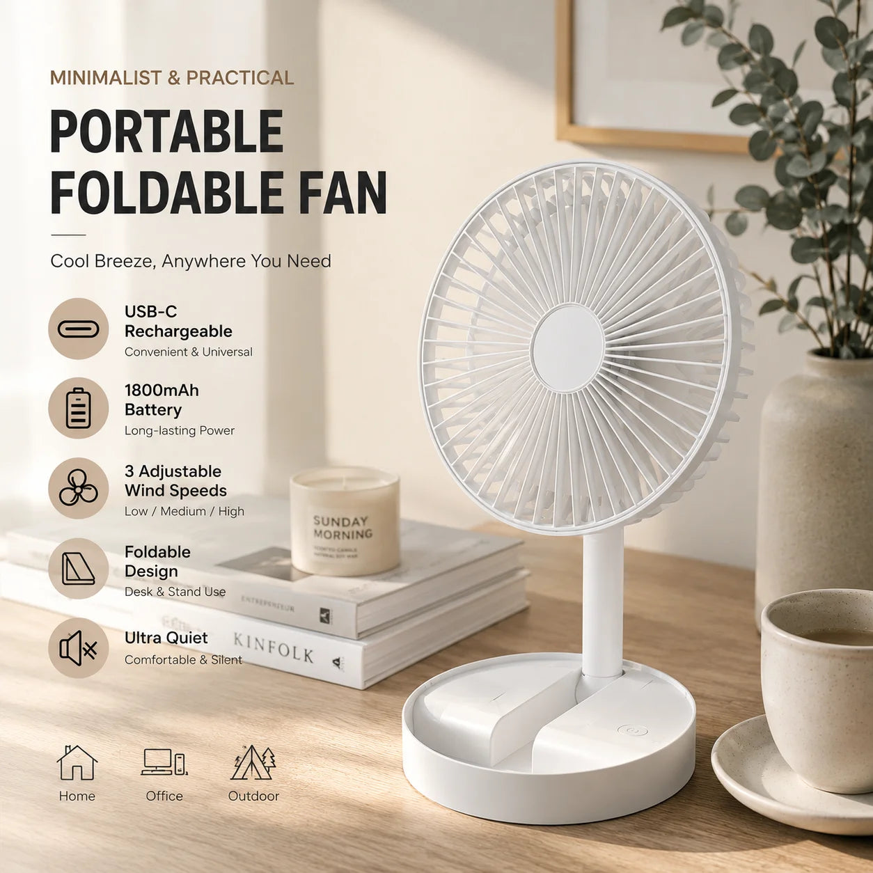 Portable Foldable Desktop Fan USB C Rechargeable 1800mAh Battery 3 Speed Ultra Quiet Fan for Home Office Bedroom Dorm Mini Fan