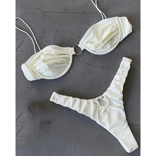 Fashion Micro Bikini Women Swimsuit Sexy Ring Buckle Ruched Bikini Set Swimwear Summer 2025 New Bathing Suit Beachwear Two Piece
