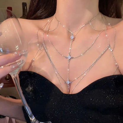 Body Jewelry Glitter Rhinestone Bust Chain Sexy Multilayer Silver Body Chain Trend Luxury Body Chain Jewelry Beach