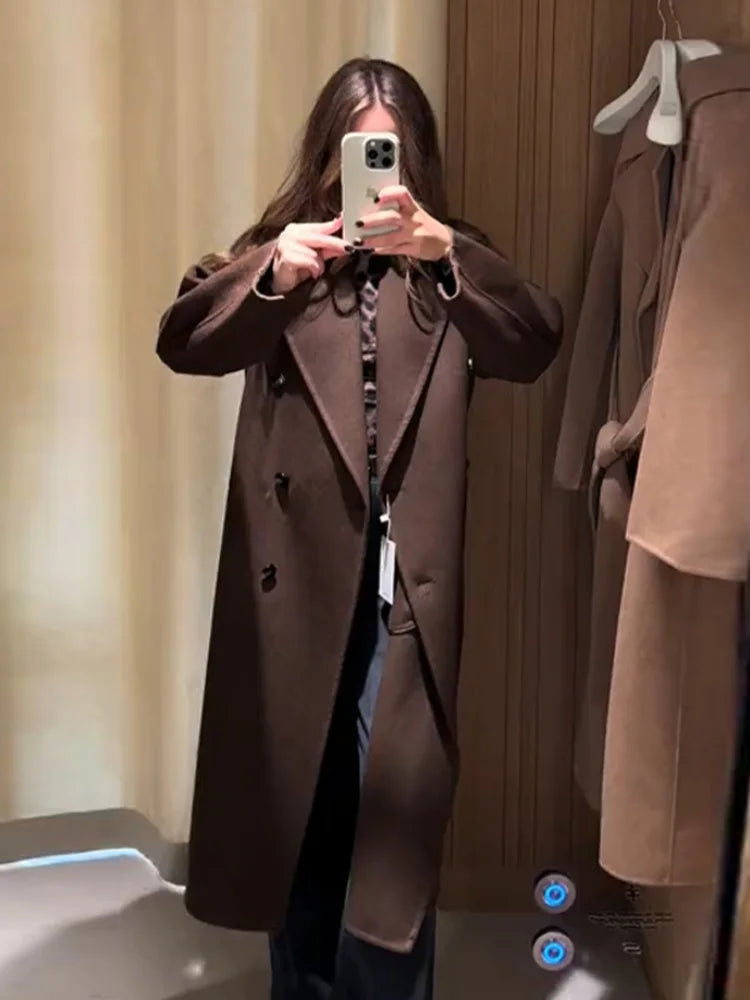 High Street Women Woolen Coat Solid Loose Turn-down Collar Double Breasted Long Sleeve Jackets Autumn Winter All-match Jacket