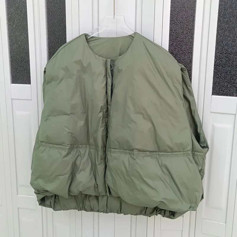 2024 New Autumn Korean Chic Down Vest O-neck Loose Solid Casual Sleeveless Parkas All-match Zipper Jacket Waistcoat Female