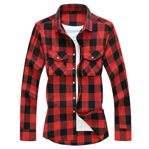 2026 New Men's Long Sleeved Plaid Shirt, with Two Chest Pockets Single Breasted Lapel Cotton Shirts Big Size Male Top Chemise