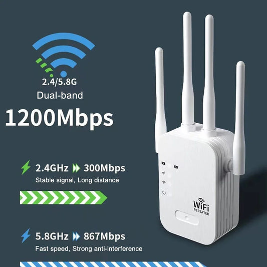 Répéteur WiFi 1200 Mbps, amplificateur de réseau sans fil 5 GHz/2,4 GHz double bande, routeur WiFi longue portée pour la maison