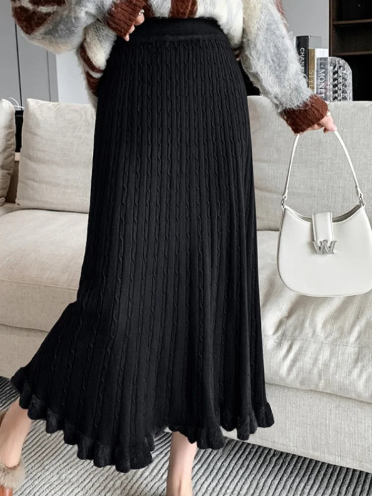 SMTHMA Mink Fur Skirt For Women's 2026 New Autumn Winter Elastic High Waist Knitted Skirt Ladies Mid Ruffle Pleated Skirt