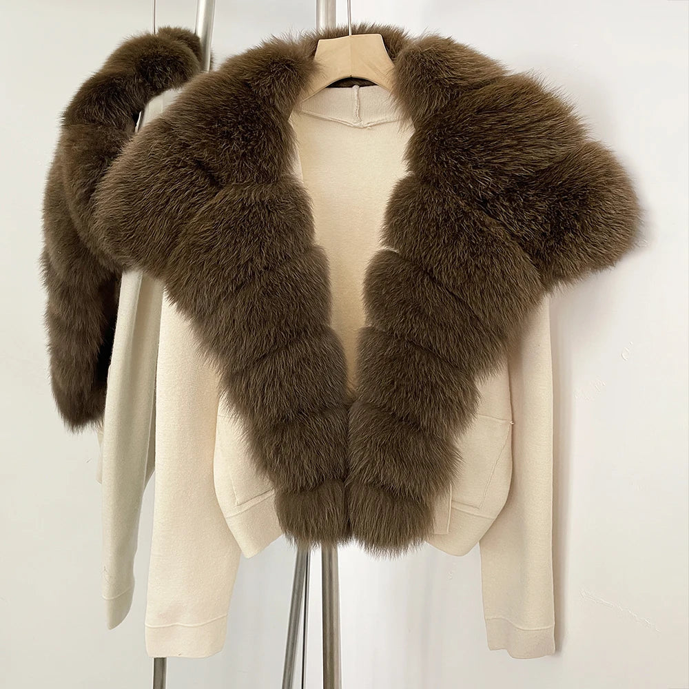 Elegant Knitted Cardigan Women's Sweater Knitting Jacket with Fur and cuffs Knitted Women's Long Sleeve Top Short Sweater
